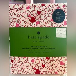 KATE SPADE  Pink Red “spades” Outline Hearts TWIN Cotton Sheet Set New!